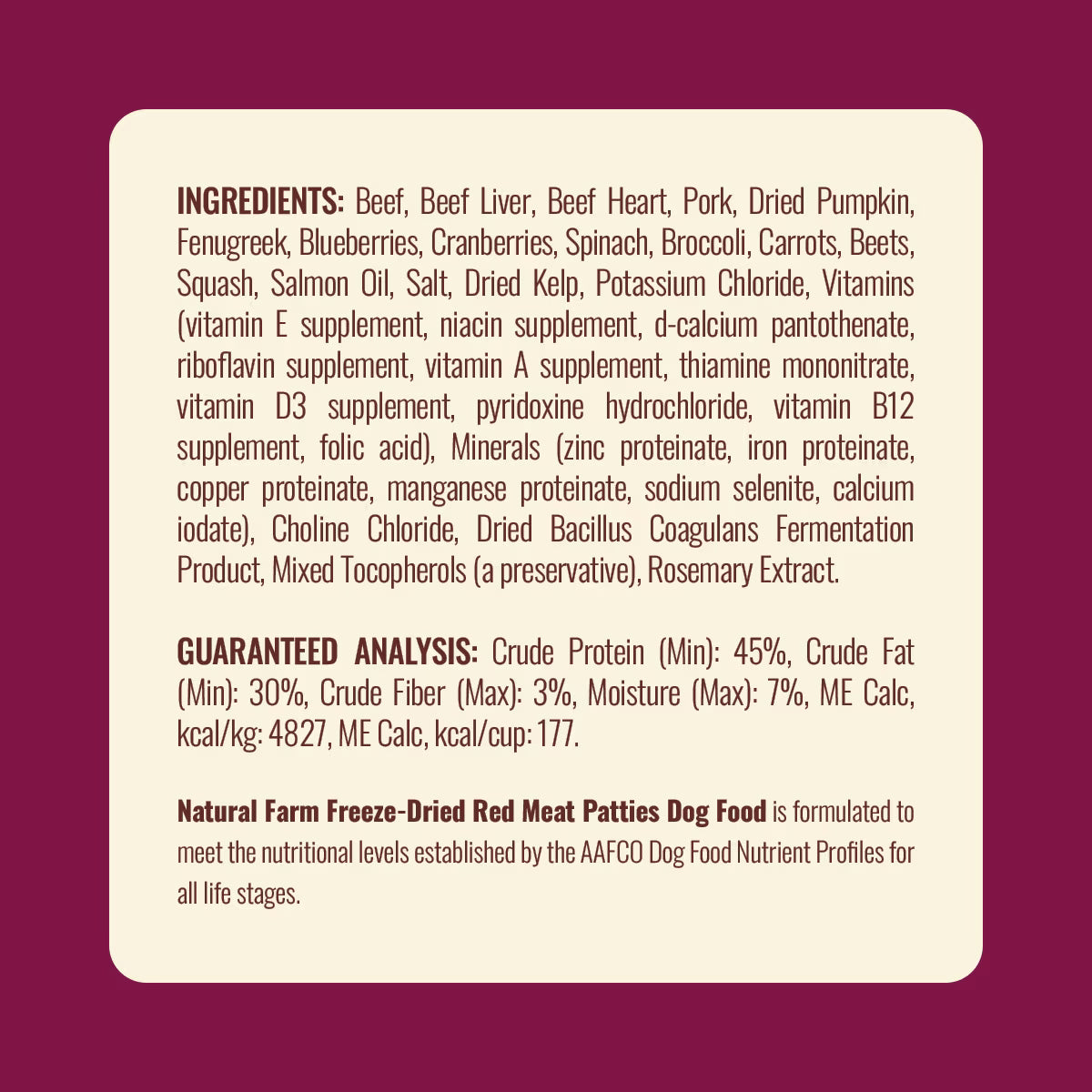Natural Farm Beef Patties Grain-Free Freeze-Dried Dog Food 14OZ