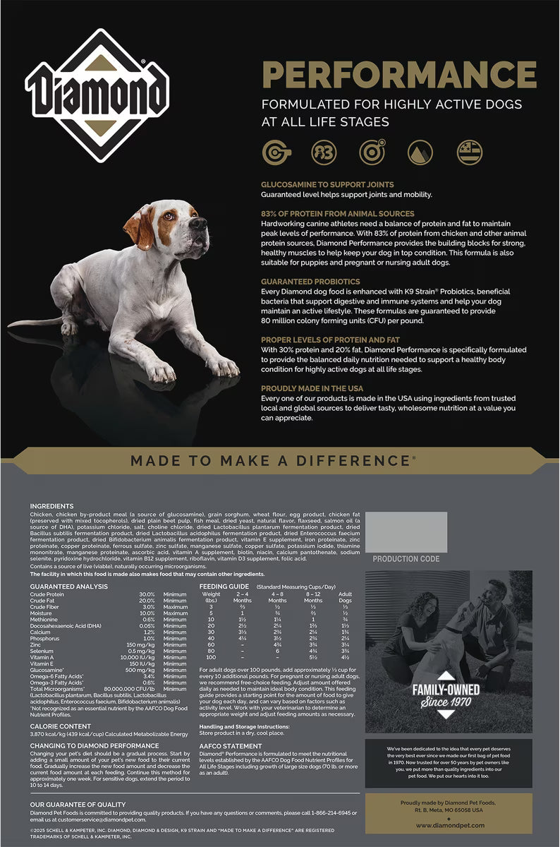 Diamond Performance All Life Stages 30/20 High Protein Formula for Highly Active, Hard Working & Athletic Dogs Dry Food 40lb