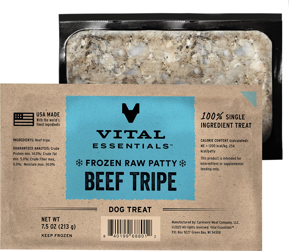 Vital Essentials Frozen Raw Patties Grain-Free Beef Tripe Dog Treat, 4.7-lb box