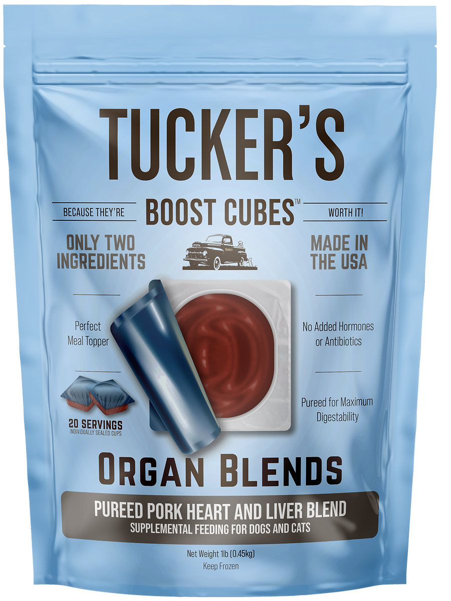 TUCKERS FROZEN RAW BOOST CUBES PORK HEART AND LIVER PUREE BLEND 1 LB