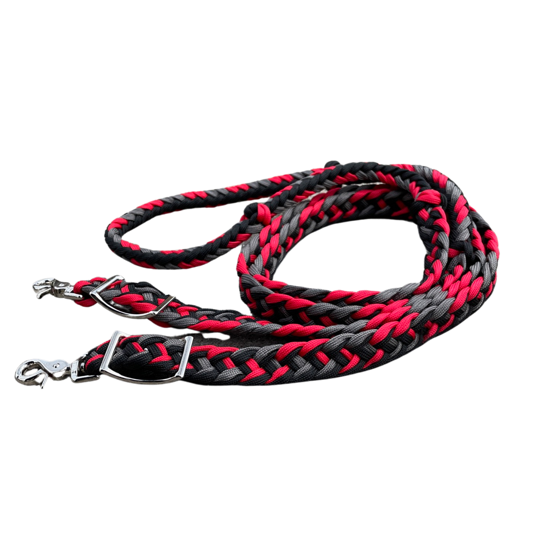 Braided Barrel / Roping Reins 8 ft, 2 Nickel Plated Scissor Snaps, Multi Tone Colors