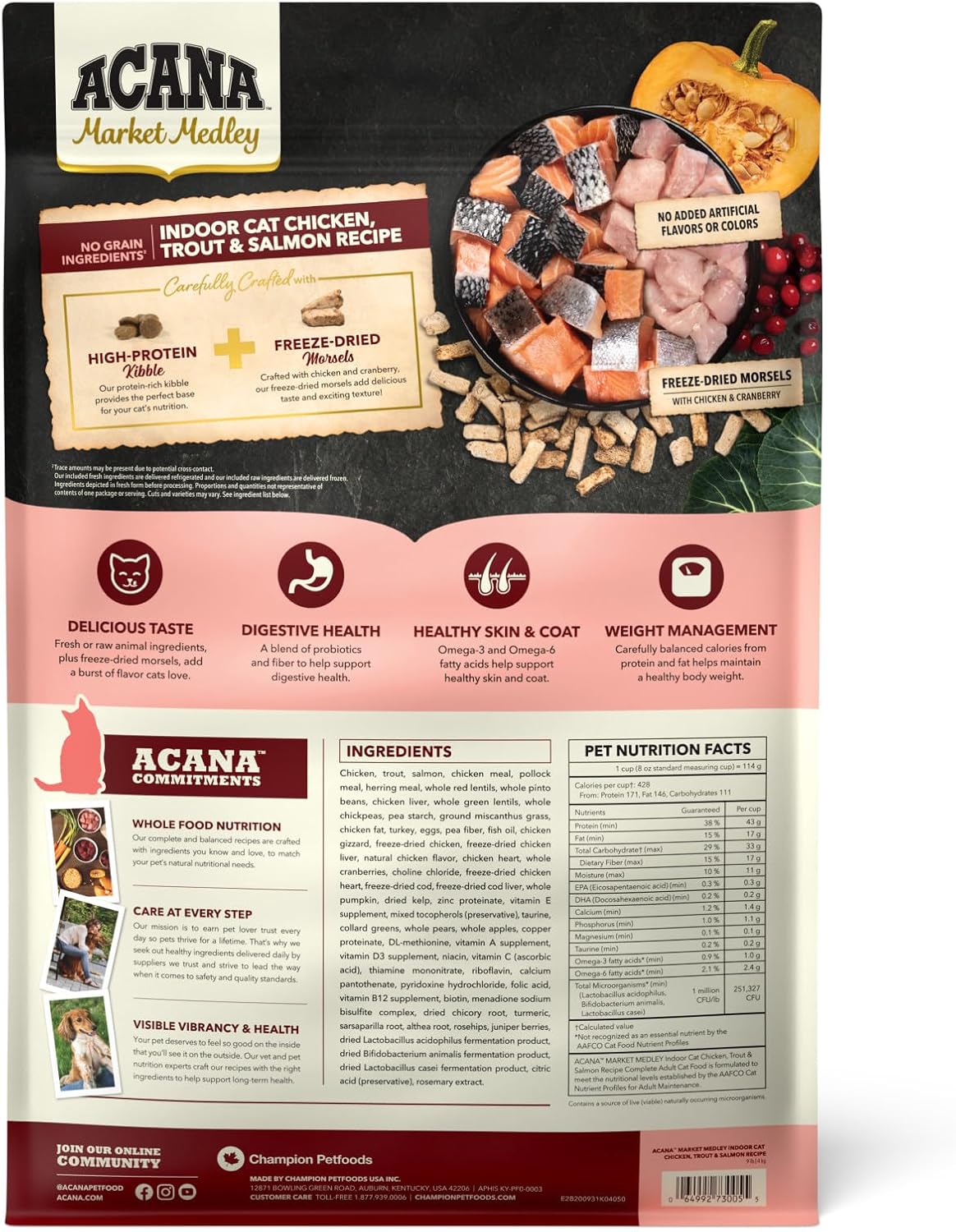 ACANA Market Medley Indoor Cat Adult Cat Food, Chicken, Trout & Salmon Recipe with Freeze-Dried Morsels Made with Chicken & Cranberry, Complete and Balanced Nutrition, 9 lb Bag