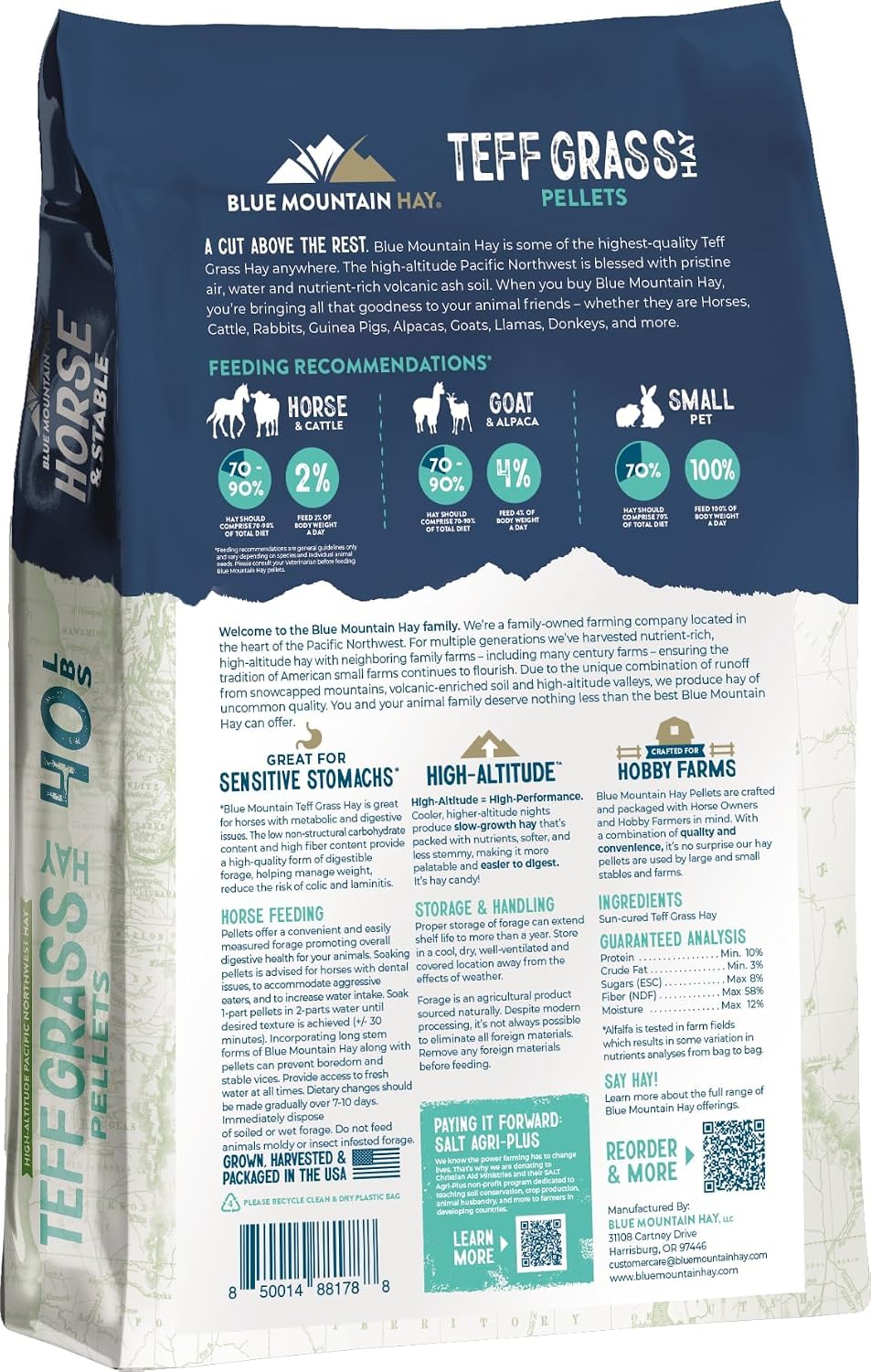 Blue Mountain Hay High Altitude Teff Grass Hay Pellets 40lb