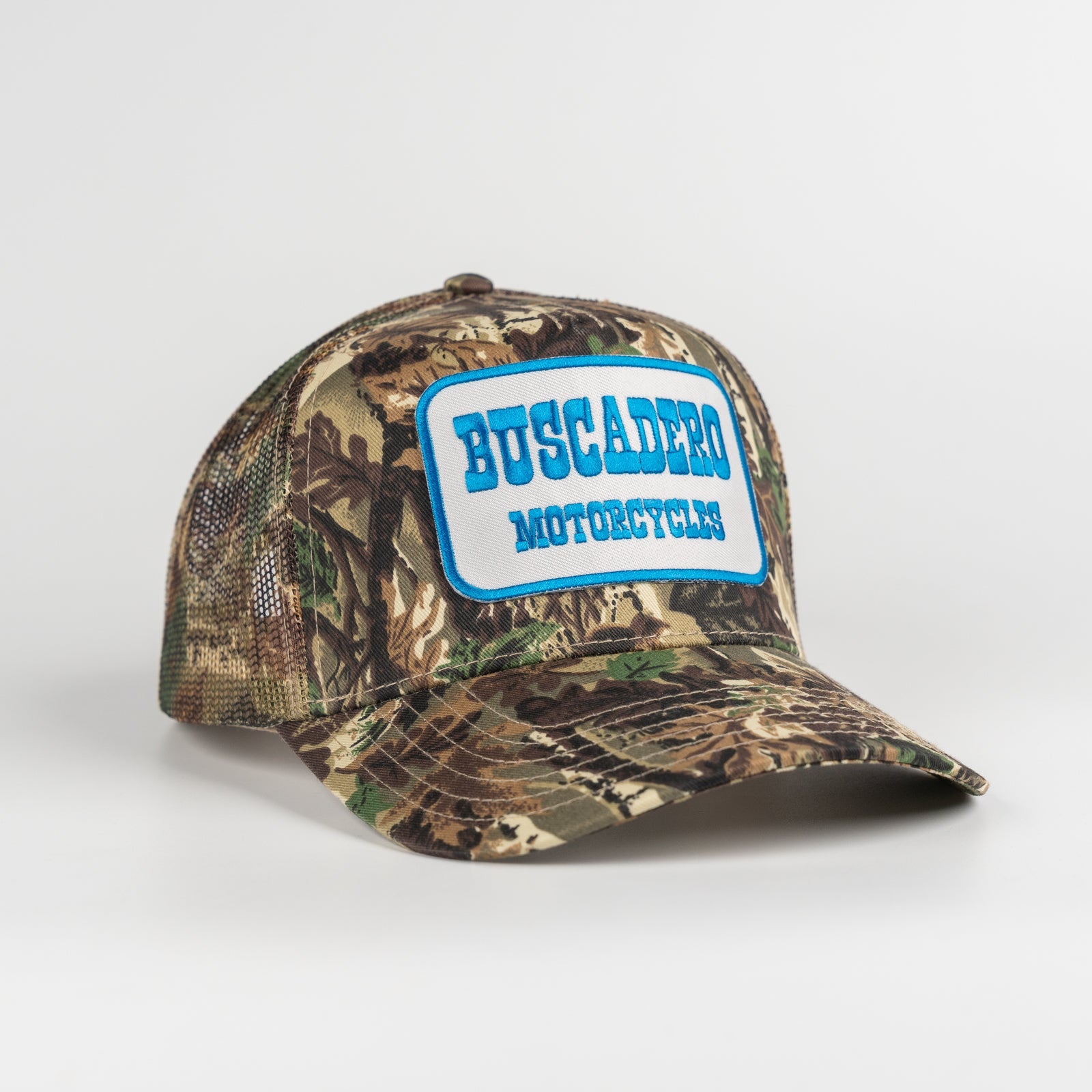 'Blue Barrel' 5 Panel Mid Profile Mesh Trucker Hat - Camo