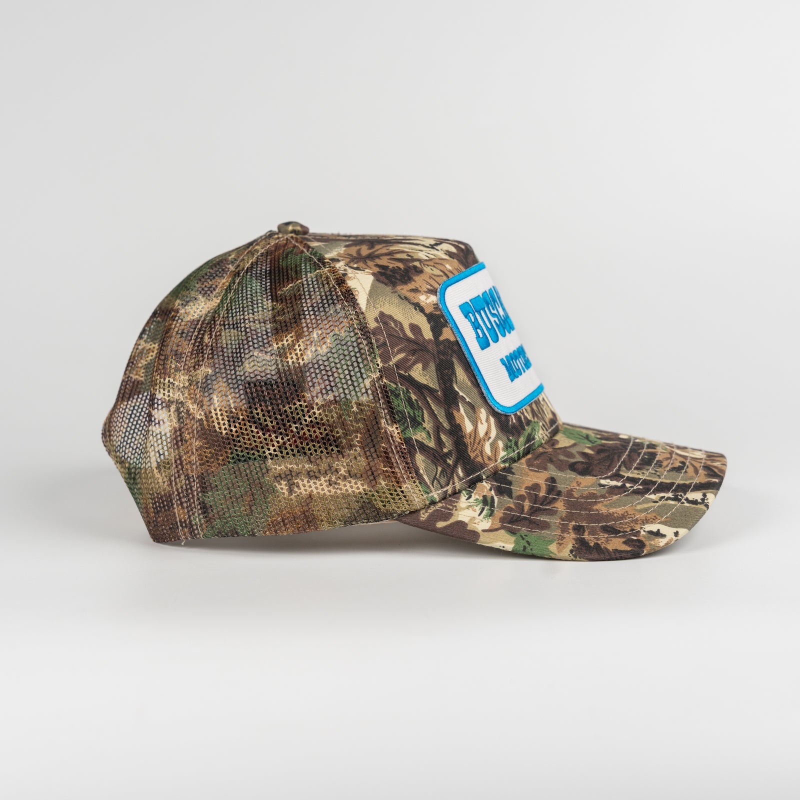 'Blue Barrel' 5 Panel Mid Profile Mesh Trucker Hat - Camo