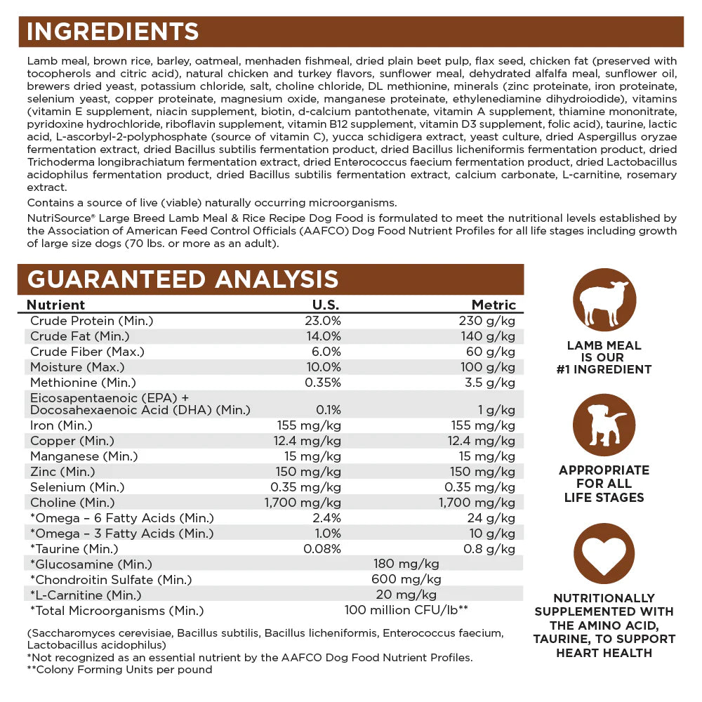NutriSource Large Breed Adult Lamb Meal & Rice 30lb