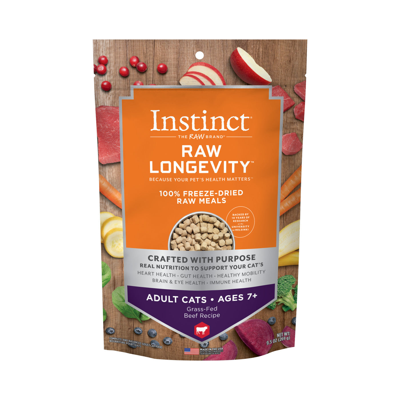 Instinct Raw Longevity 100% Freeze-Dried Raw Meals Grass-Fed Beef Recipe for Cat Adults 7+ 9.5 oz