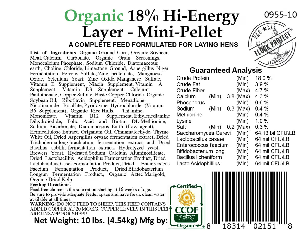 ORGANIC 18% soy-free corn-free mini layer pellet 10lb