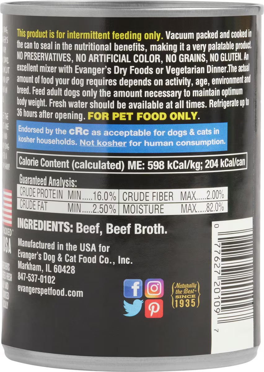 Evanger's Grain-Free Hand Packed Hunk of Beef Canned Dog Food 12 OZ