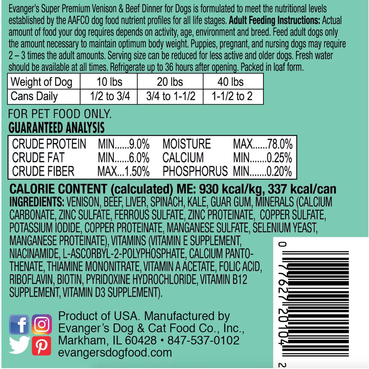 Evanger's Venison & Beef Dinner Grain-Free Canned Dog Food 12oz