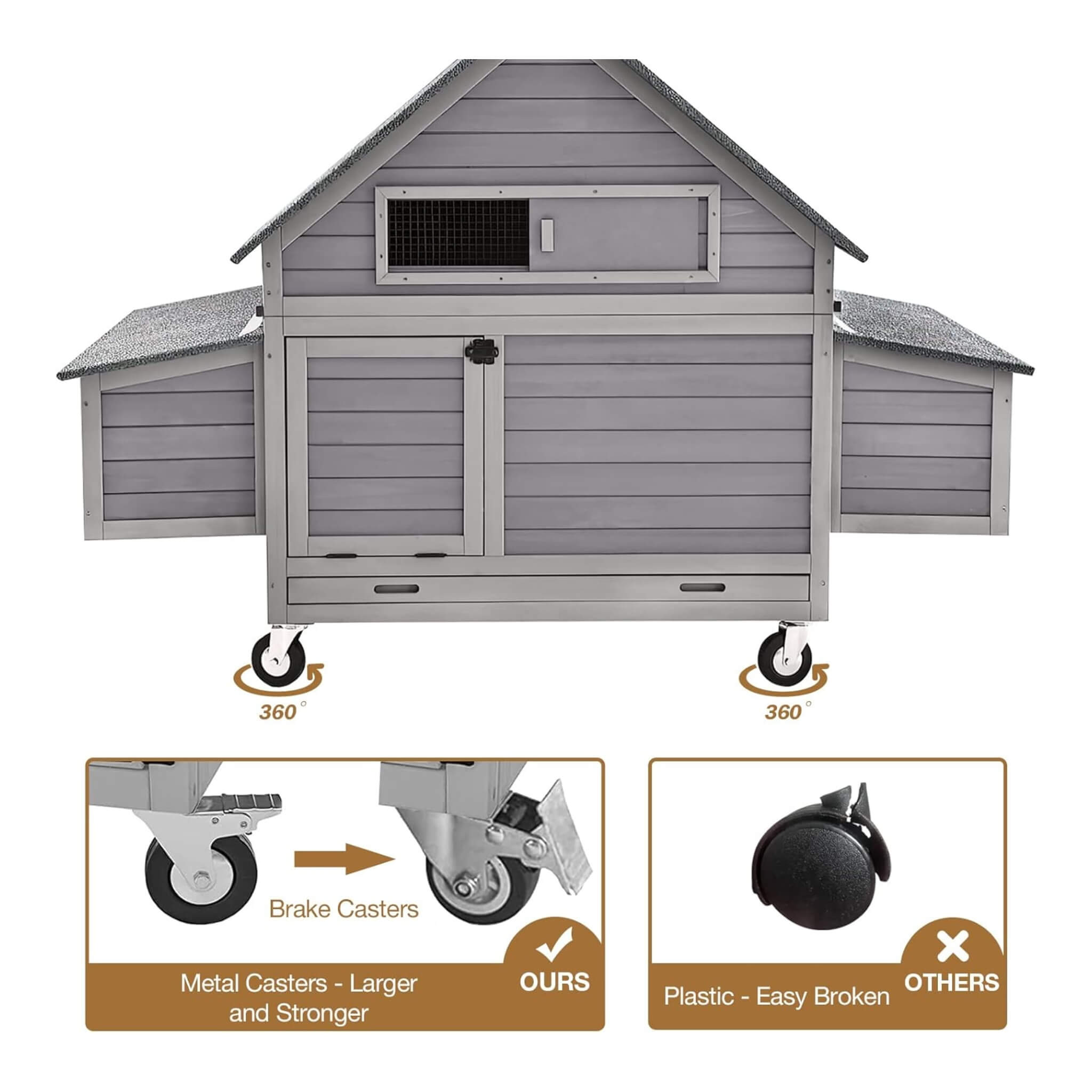 Large 63-Inch Movable Wooden Hen House With Wheels And Nesting Box