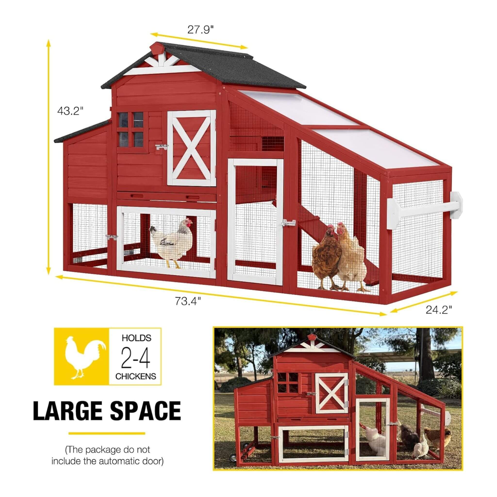 Large 73-Inch Portable Chicken Coop With Wheels And Nesting Box