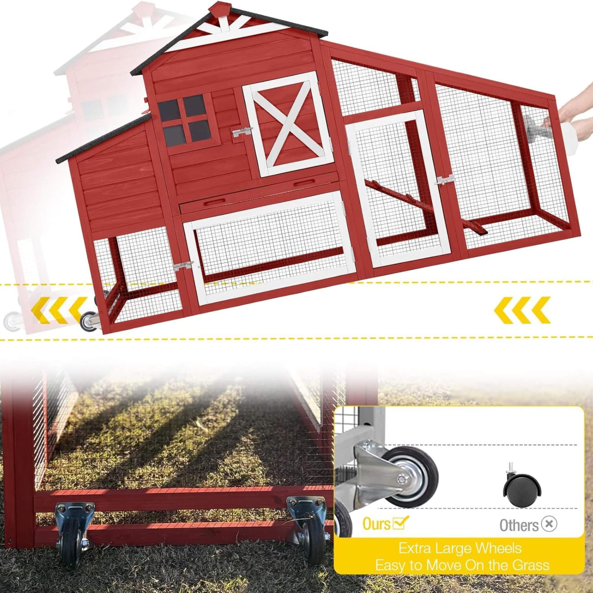 Large 73-Inch Portable Chicken Coop With Wheels And Nesting Box