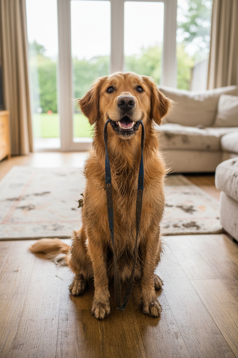 muddy do in house with leash in mouth ready to go for walk image needs to be optimized for mobile 750x 1100px