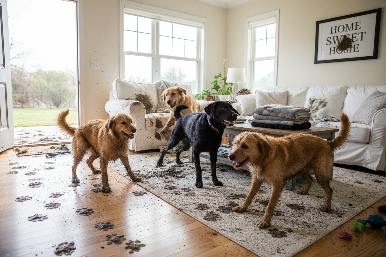 muddy dogs in house