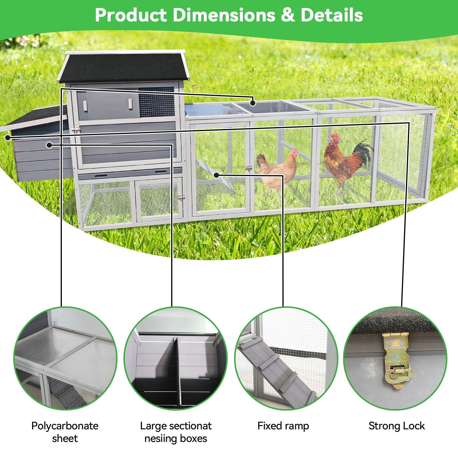 Large Heavy-Duty 113-Inch Outdoor Anti-UV Waterproof Wooden Chicken Coop Hen House