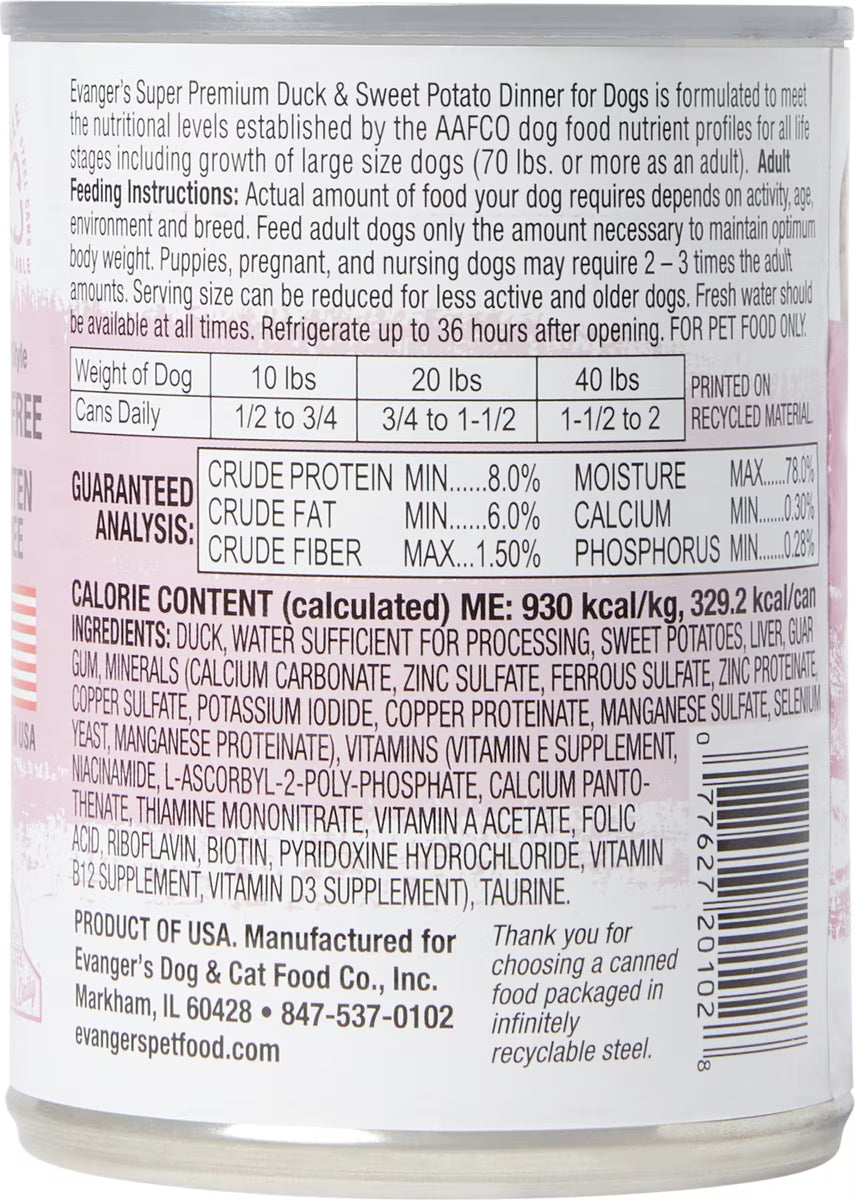 Evanger's Super Premium Duck & Sweet Potato Dinner Canned Dog Food 12oz