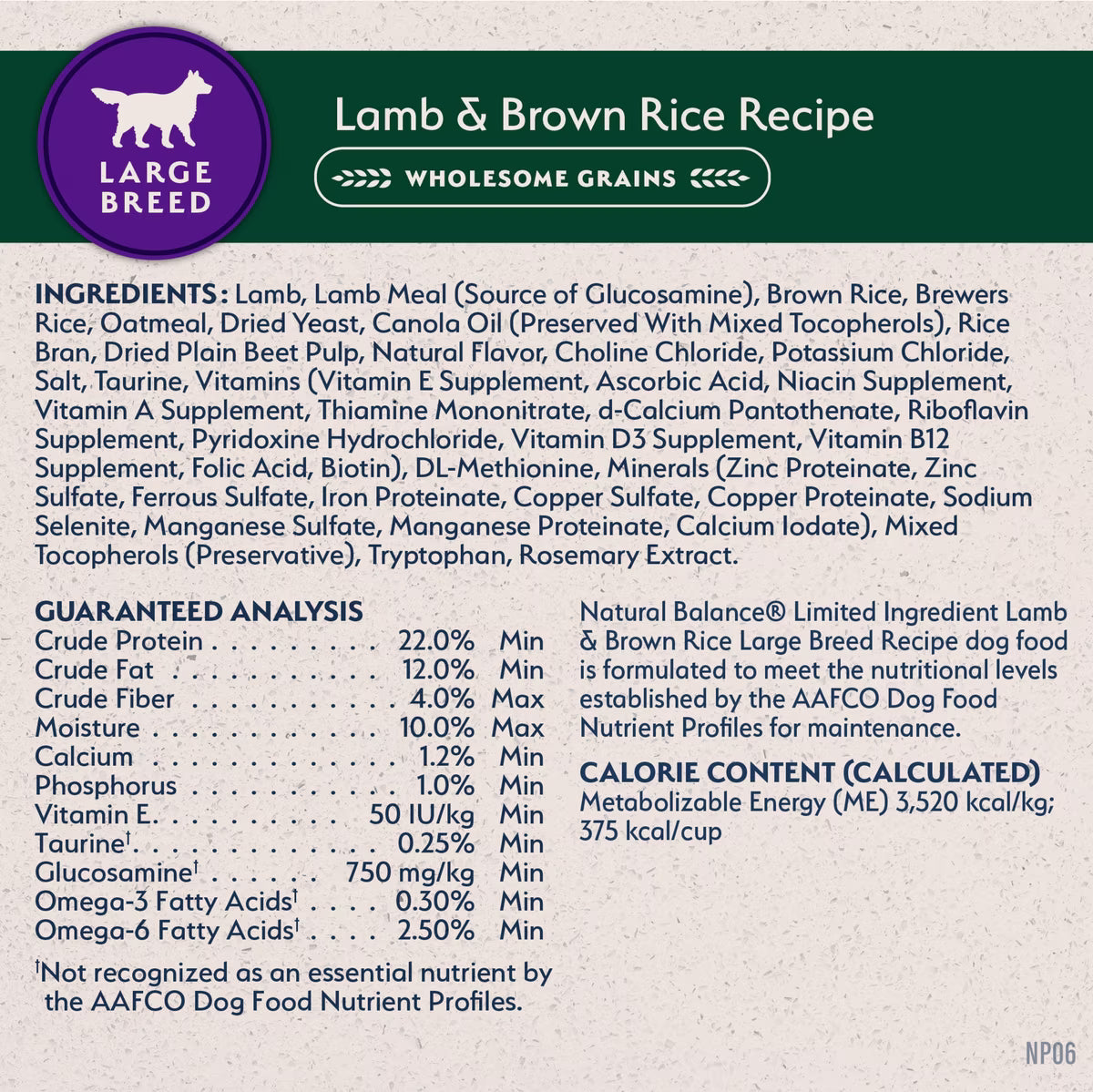 Natural Balance Limited Ingredient Lamb & Brown Rice Recipe Large Breed Dry Dog Food 12lb