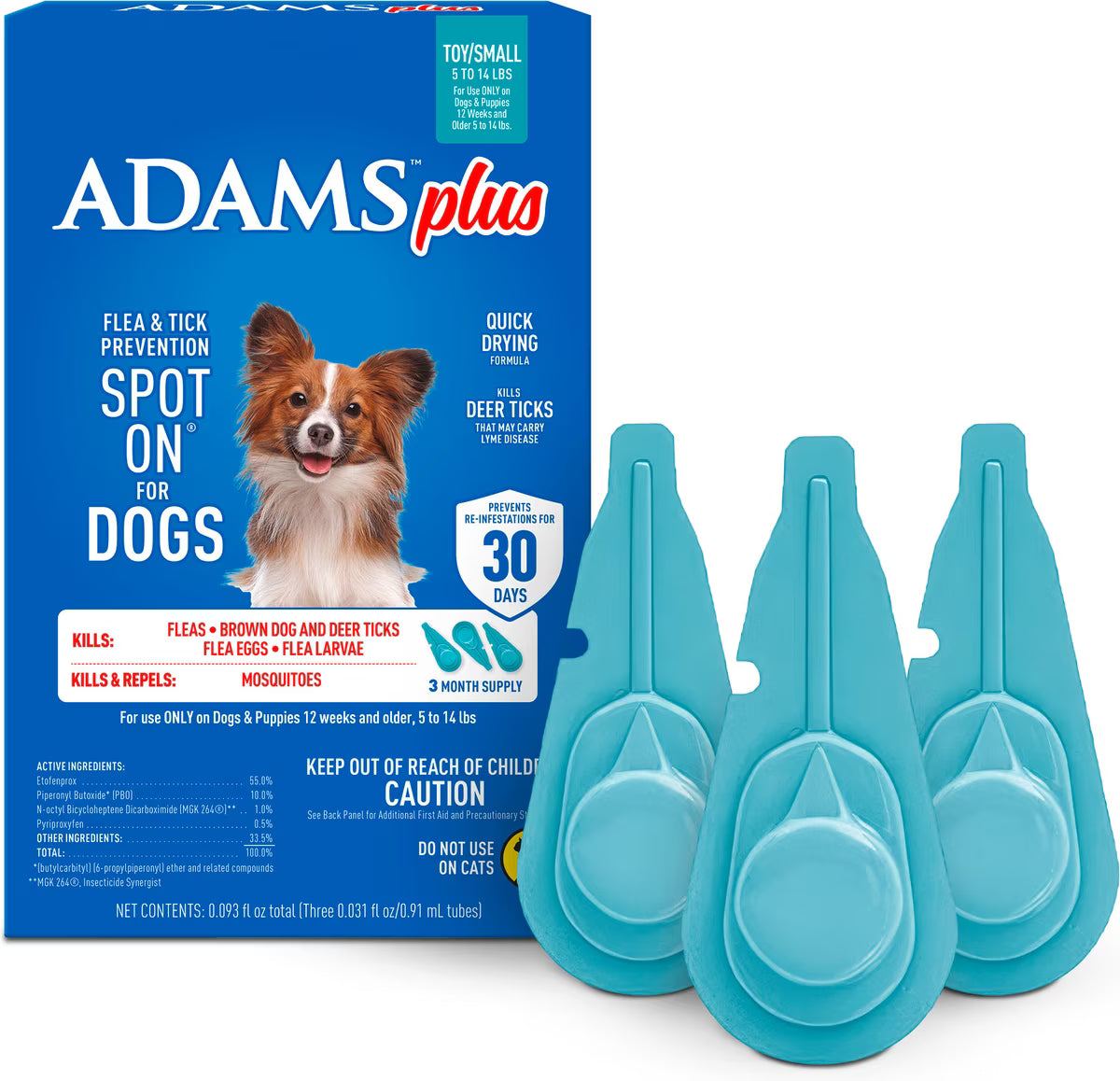 Adams Plus Flea & Tick Prevention Spot On for Toy/Small Dogs 5-14lb 3 Month Supply