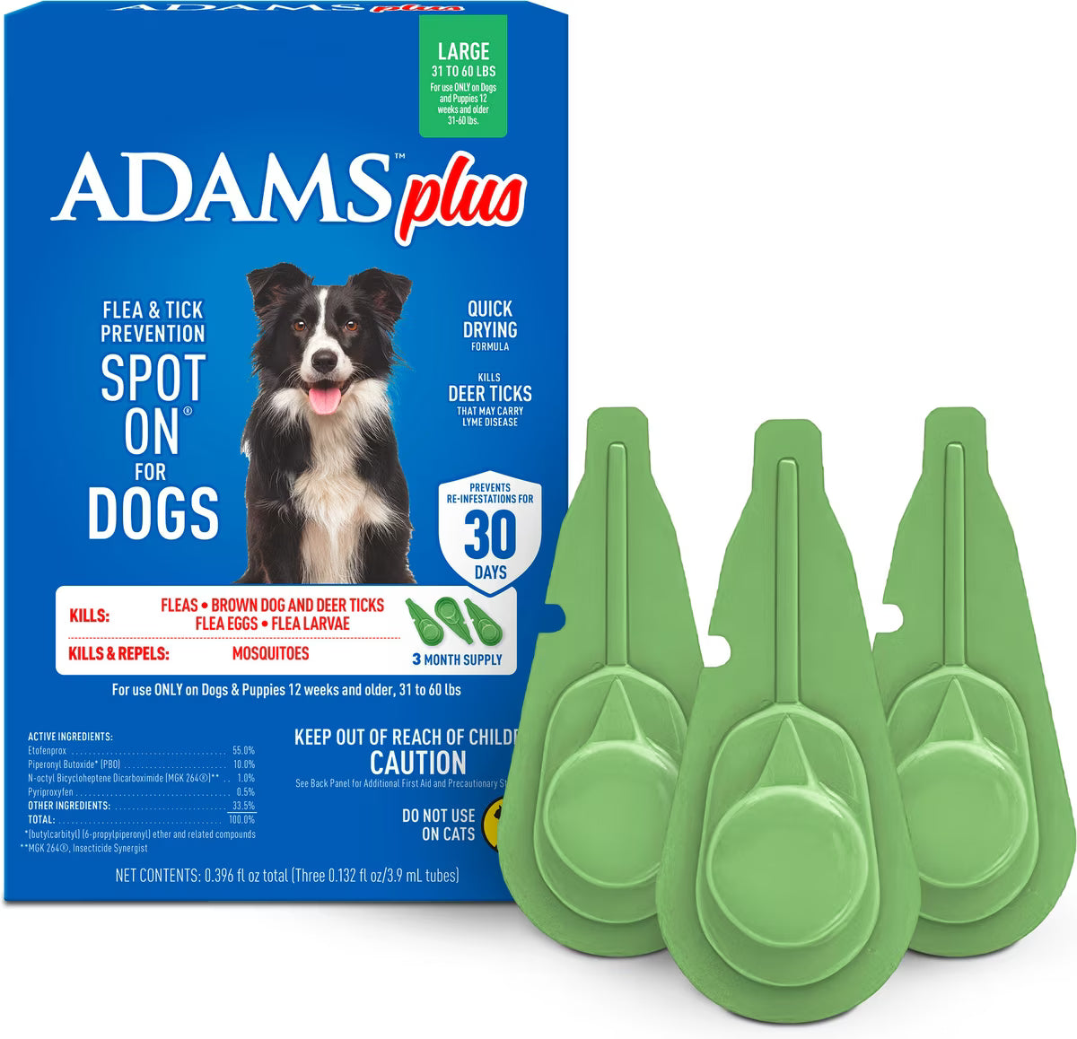 Adams Plus Flea & Tick Prevention Spot On for Large Dogs 31-60lbs 3 Month Supply