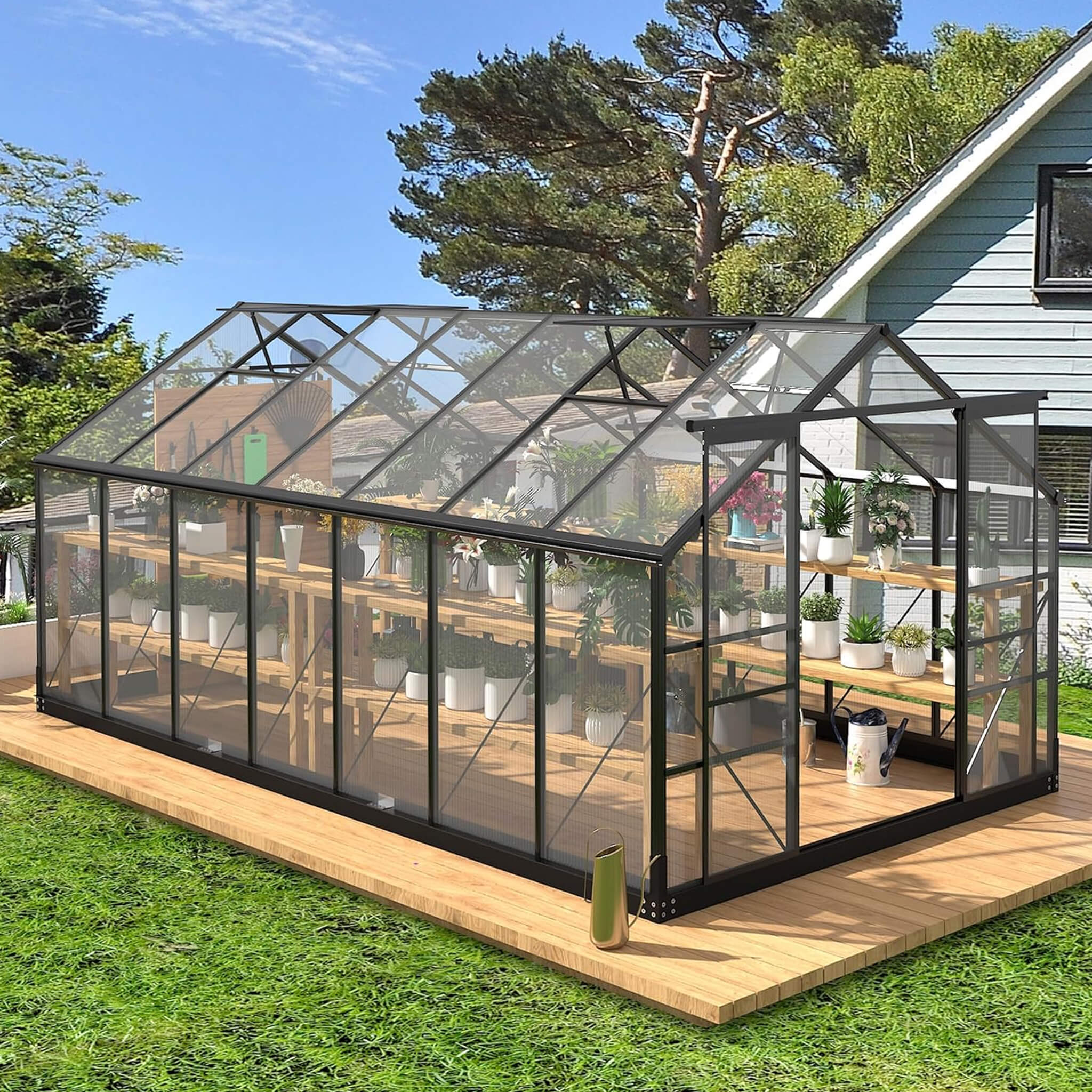 [08X14FT] Outdoor Polycarbonate Greenhouse With Roof Vents & Sliding Doors, 4MM (SAK19426)