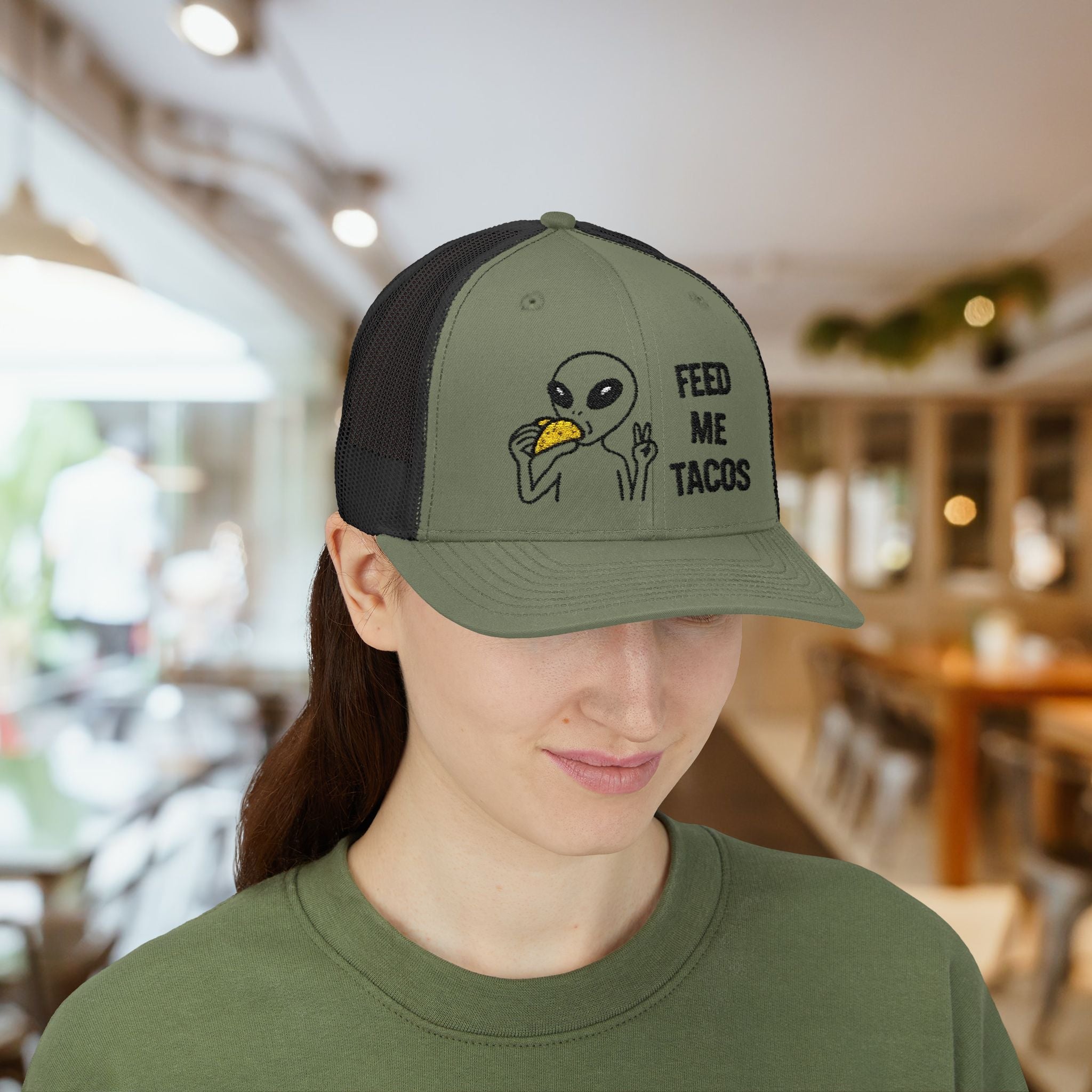 Alien Taco Lover Snapback Hat - Funny Trucker Cap for Foodies & Space Enthusiasts
