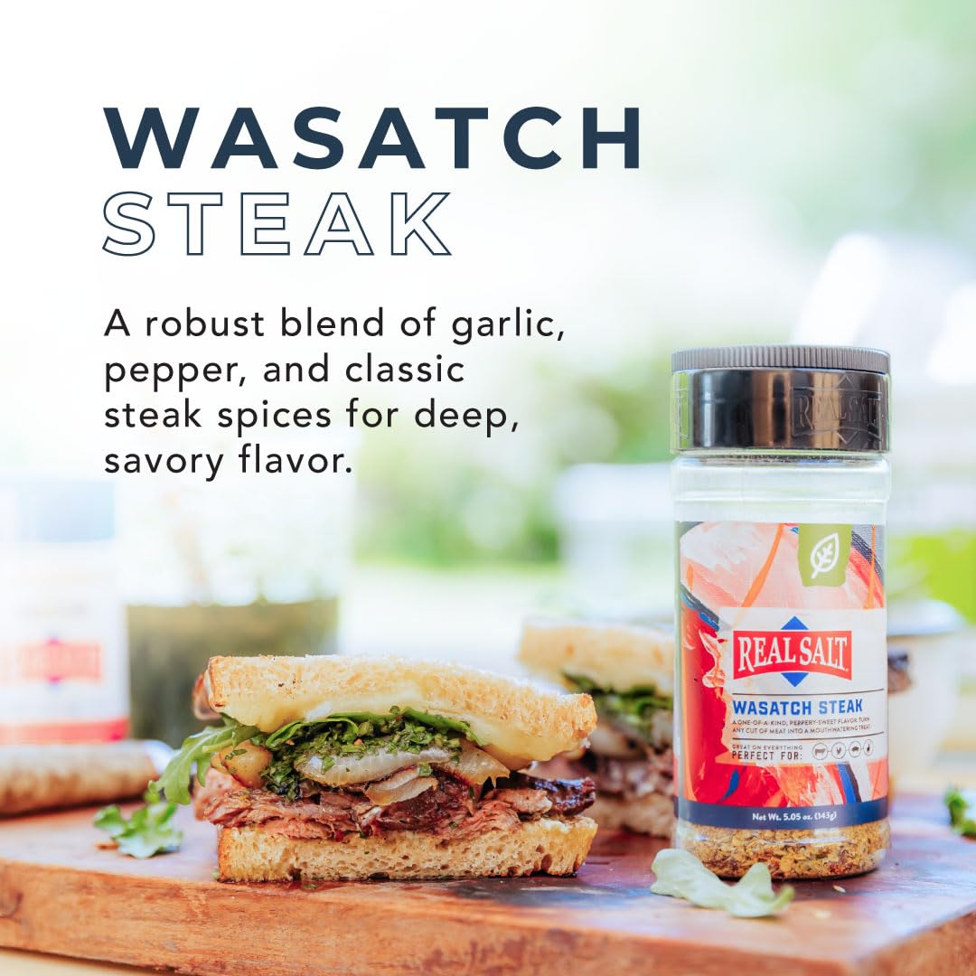 Alex's Bundle – 6 Count Fine Pocket Shaker Pack, 10 oz Real Salt Shaker, Wasatch Steak Seasoning