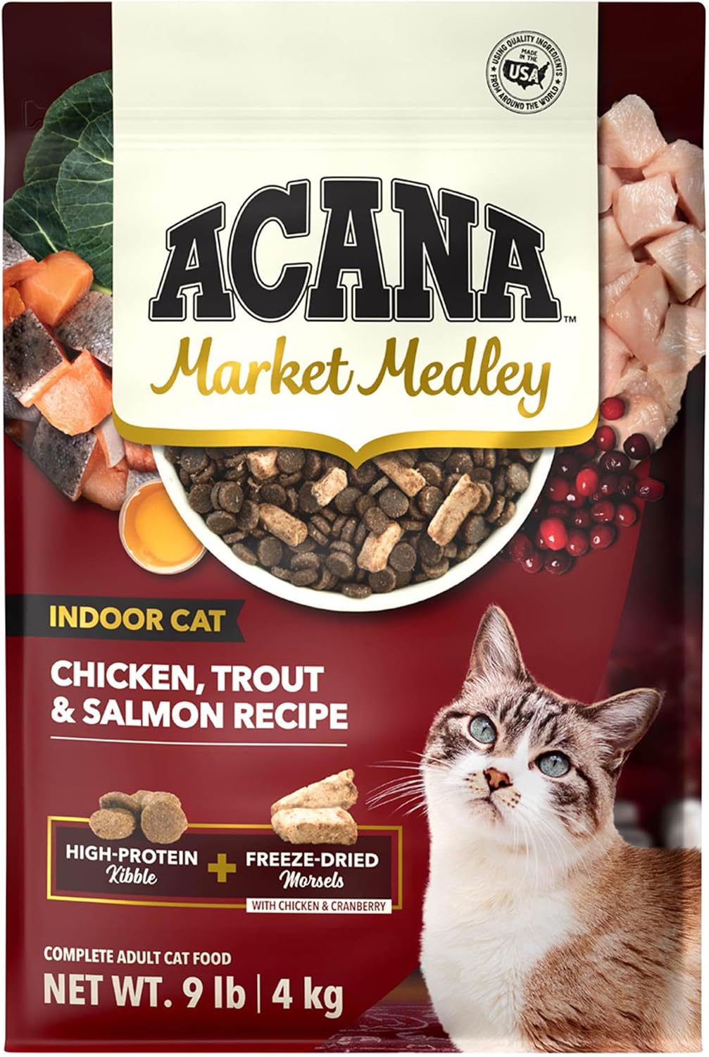 ACANA Market Medley Indoor Cat Adult Cat Food, Chicken, Trout & Salmon Recipe with Freeze-Dried Morsels Made with Chicken & Cranberry, Complete and Balanced Nutrition, 9 lb Bag