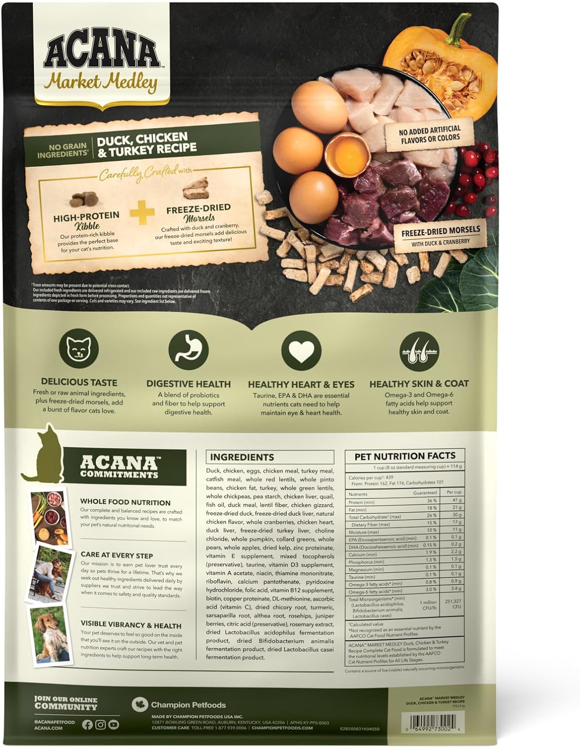 ACANA Market Medley Adult Cat Food, Duck, Chicken & Turkey Recipe with Freeze-Dried Morsels Made with Duck & Cranberry, Complete and Balanced Nutrition, 9 lb Bag