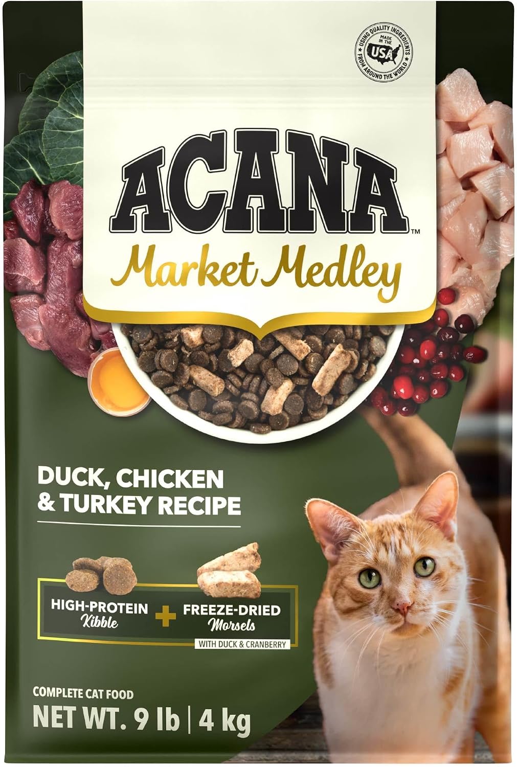 ACANA Market Medley Adult Cat Food, Duck, Chicken & Turkey Recipe with Freeze-Dried Morsels Made with Duck & Cranberry, Complete and Balanced Nutrition, 9 lb Bag