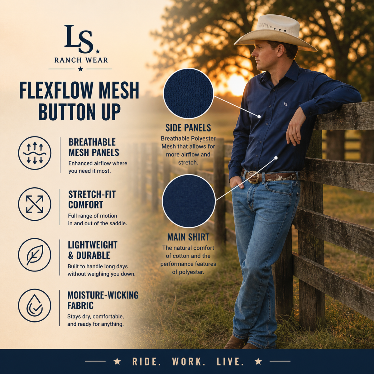 FlexFlow Mesh Button-Up Mens Western Shirt