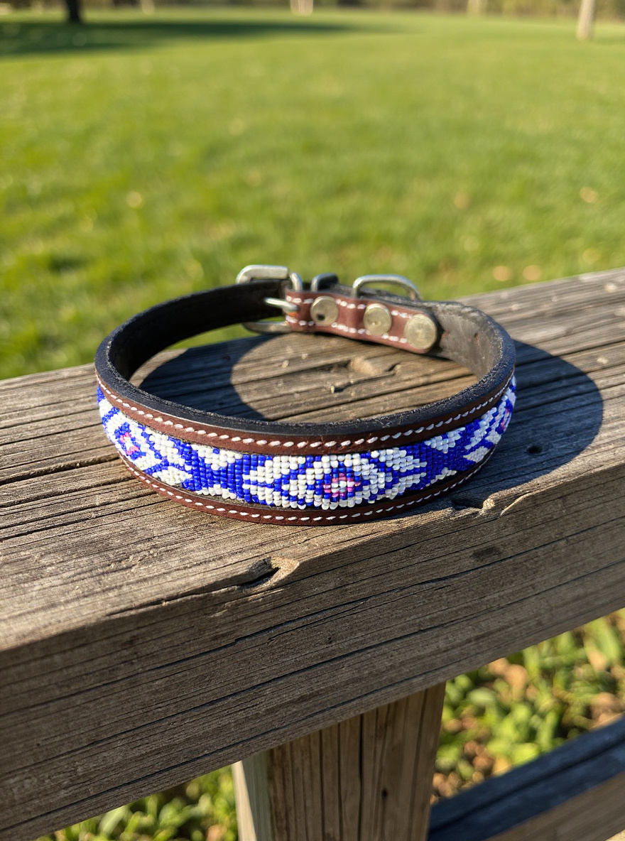 Epic Padded Leather Dog Collar with Beaded Design #G