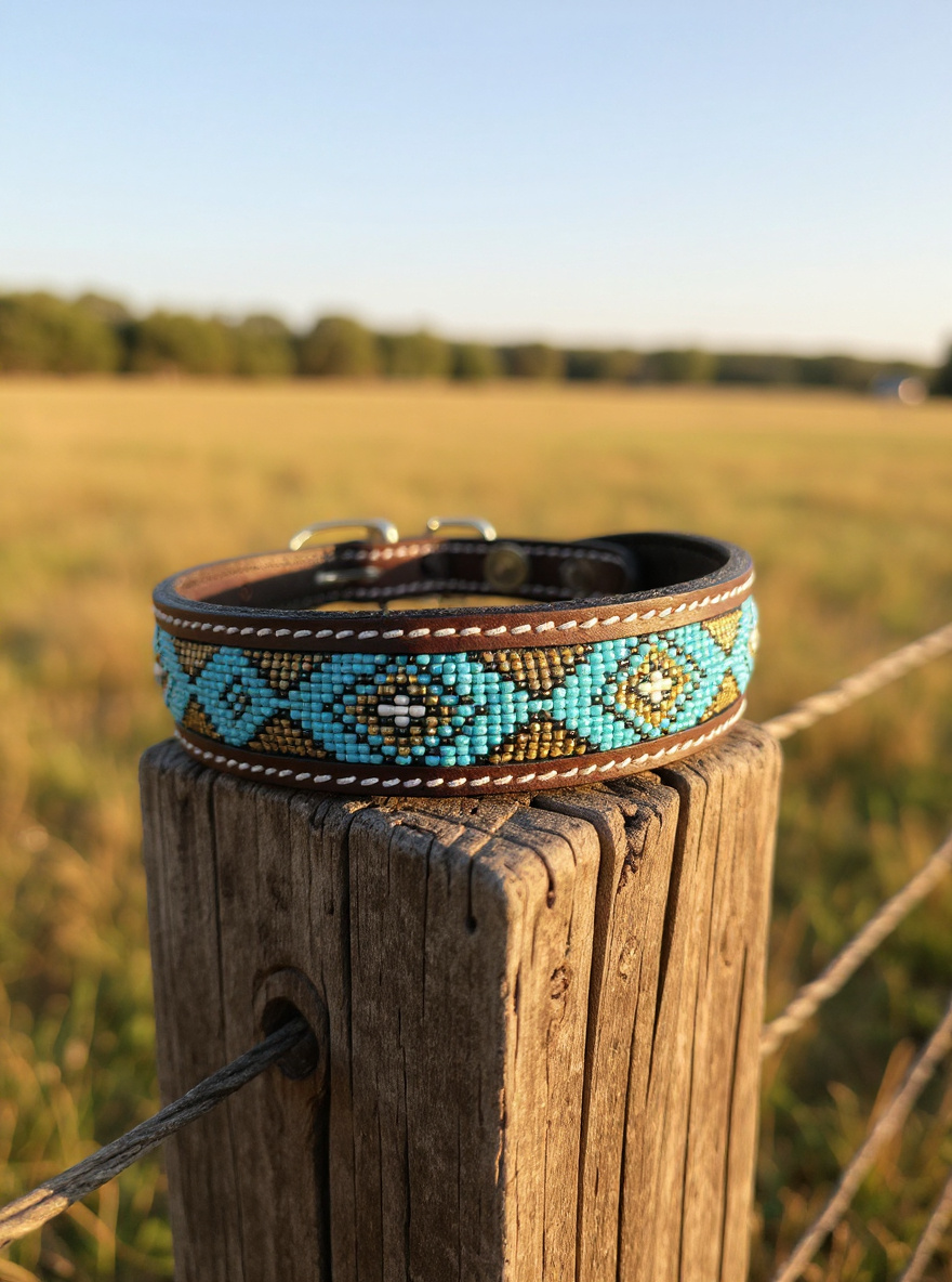 Epic Padded Leather Dog Collar with Beaded Design #O