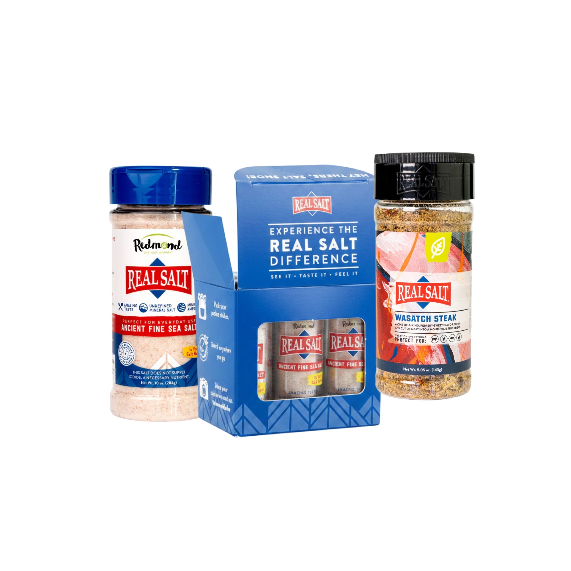 Alex's Bundle – 6 Count Fine Pocket Shaker Pack, 10 oz Real Salt Shaker, Wasatch Steak Seasoning
