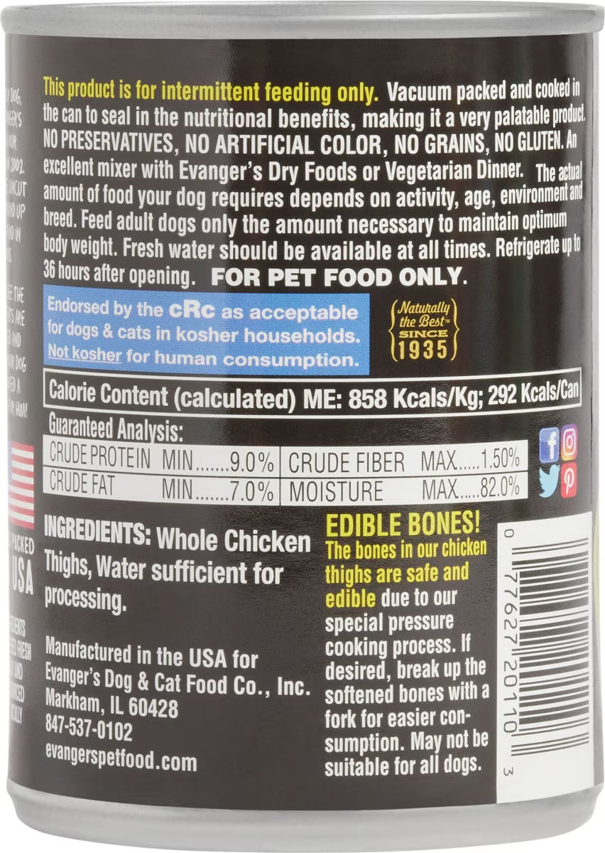 Evanger's Grain-Free Whole Chicken Thighs Canned Dog Food 12oz