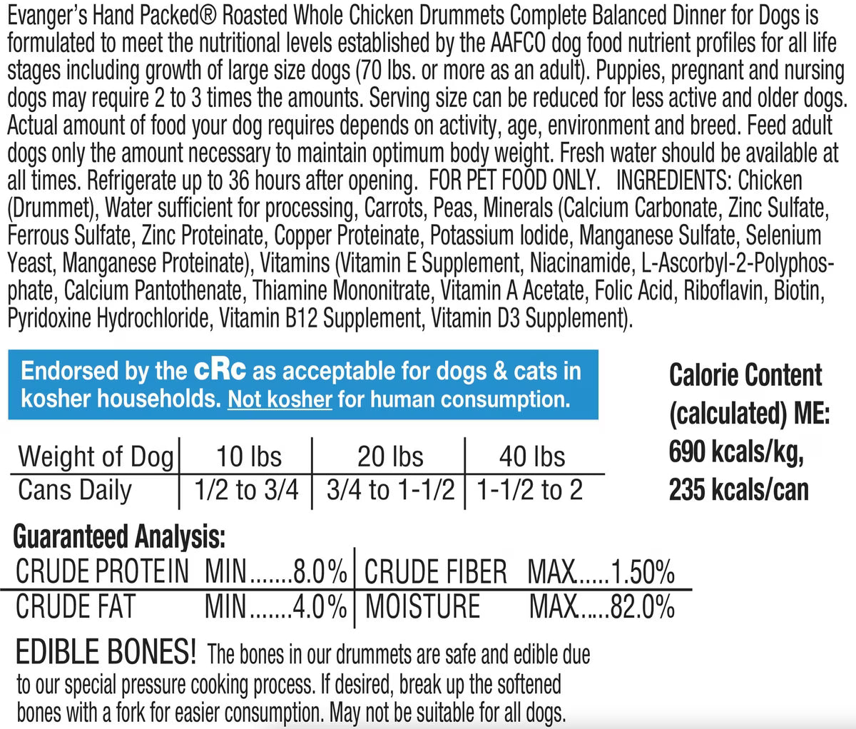 Evanger's Grain-Free Roasted Whole Chicken Drummets Dinner Canned Dog Food 12oz