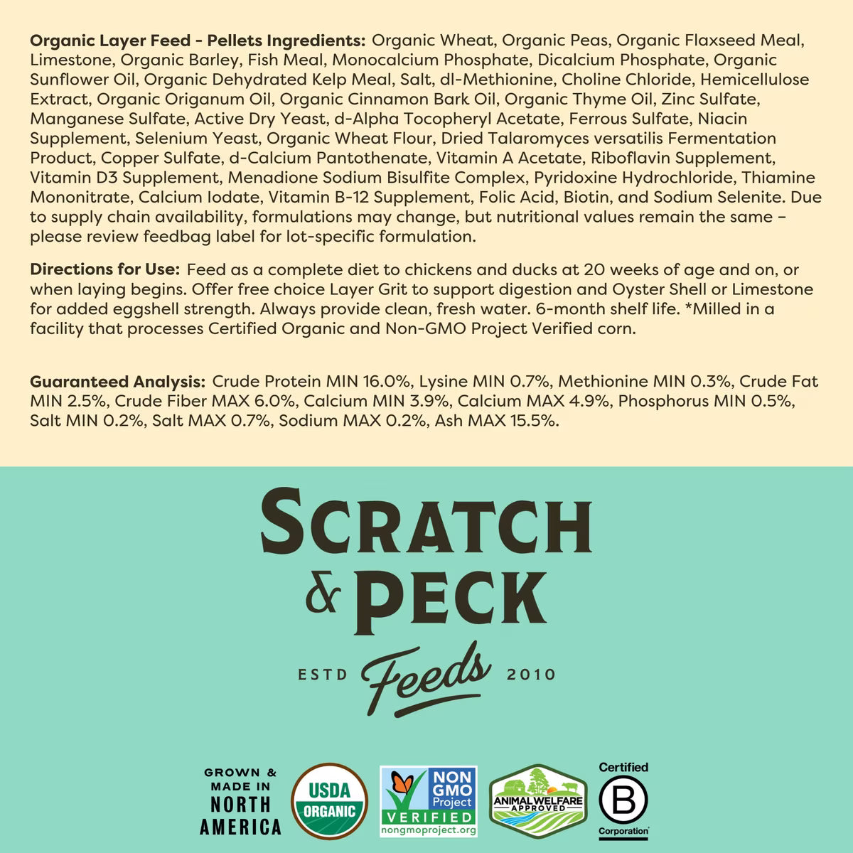 Scratch and Peck 16% Organic Chicken & Duck Layer Pellets with Grubs 35lb