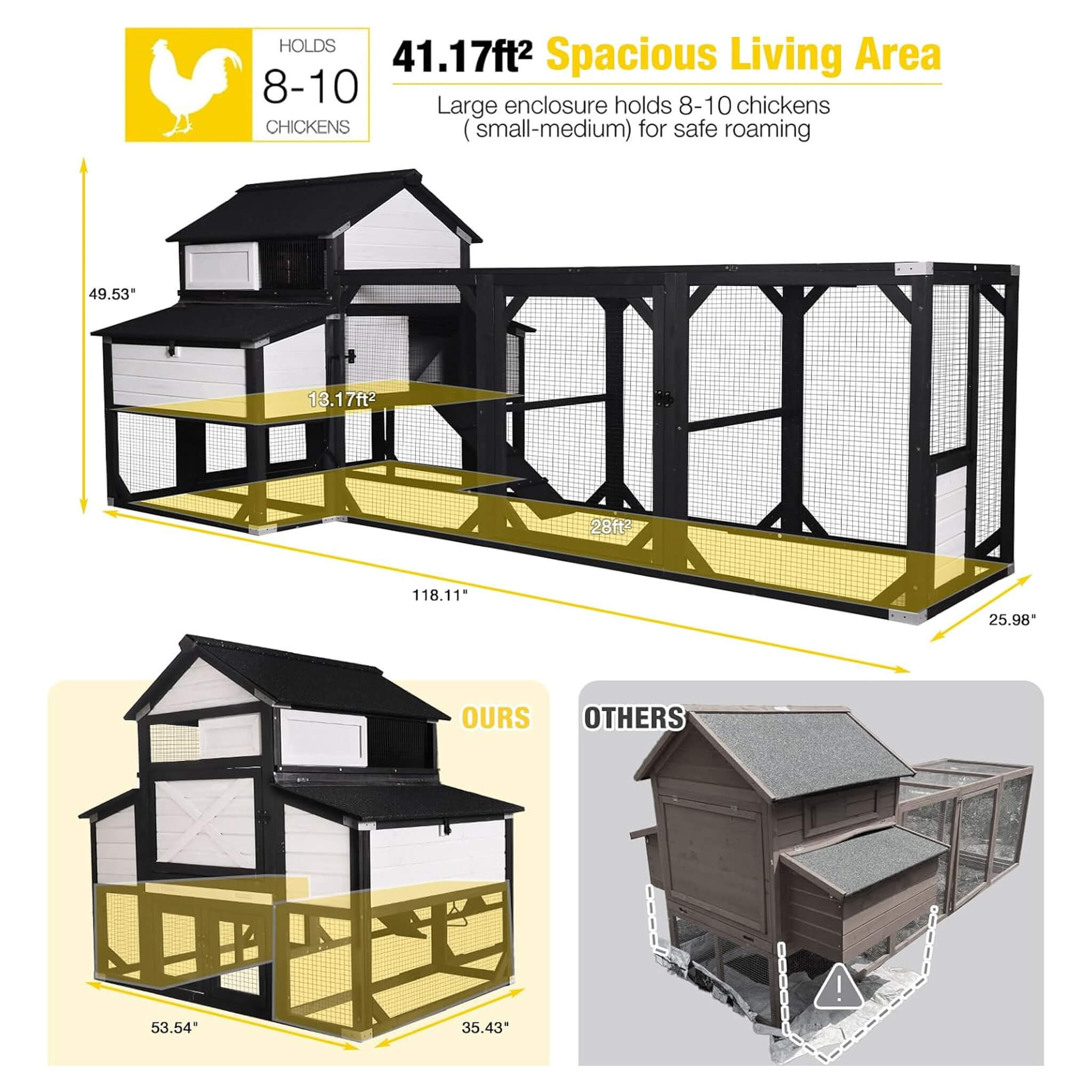 Large 118-Inch Outdoor Wooden Chicken Coop With Extended Run And 6 Nesting Boxes [8-10 Chickens]
