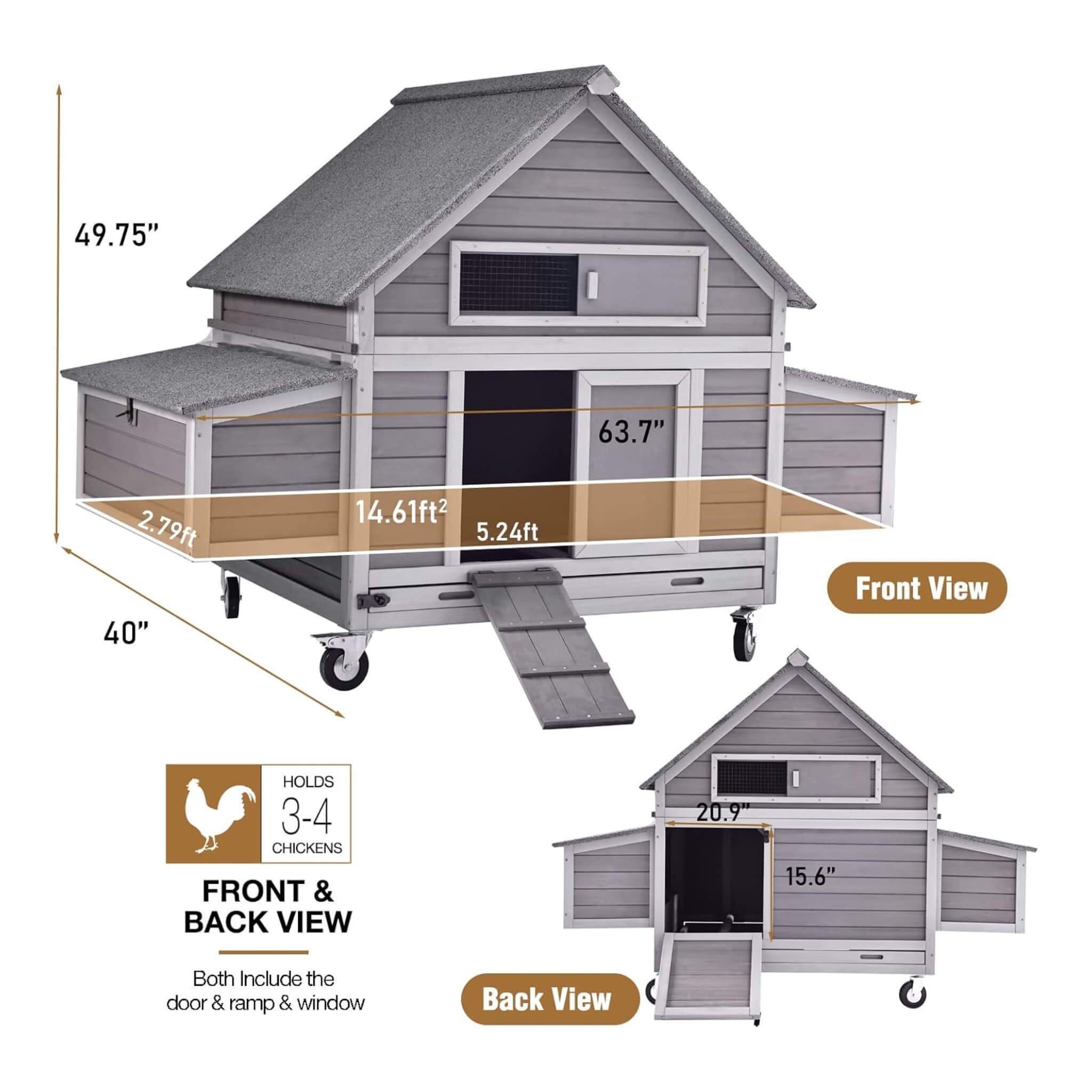 Large 63-Inch Movable Wooden Hen House With Wheels And Nesting Box