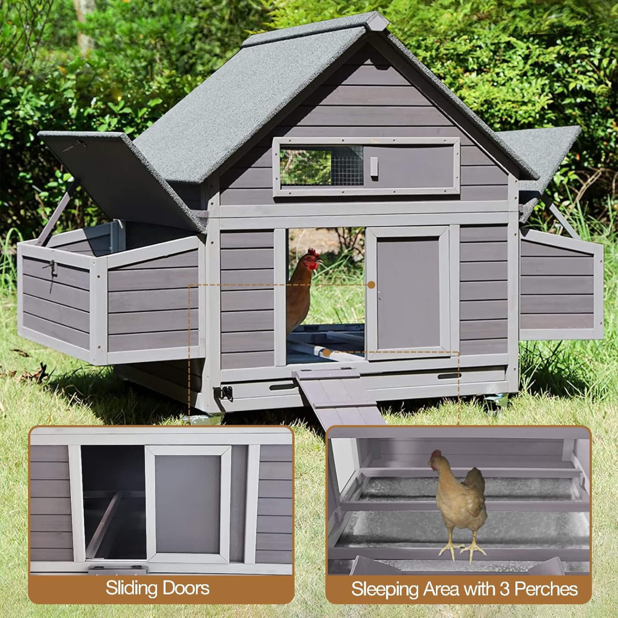 Large 63-Inch Movable Wooden Hen House With Wheels And Nesting Box