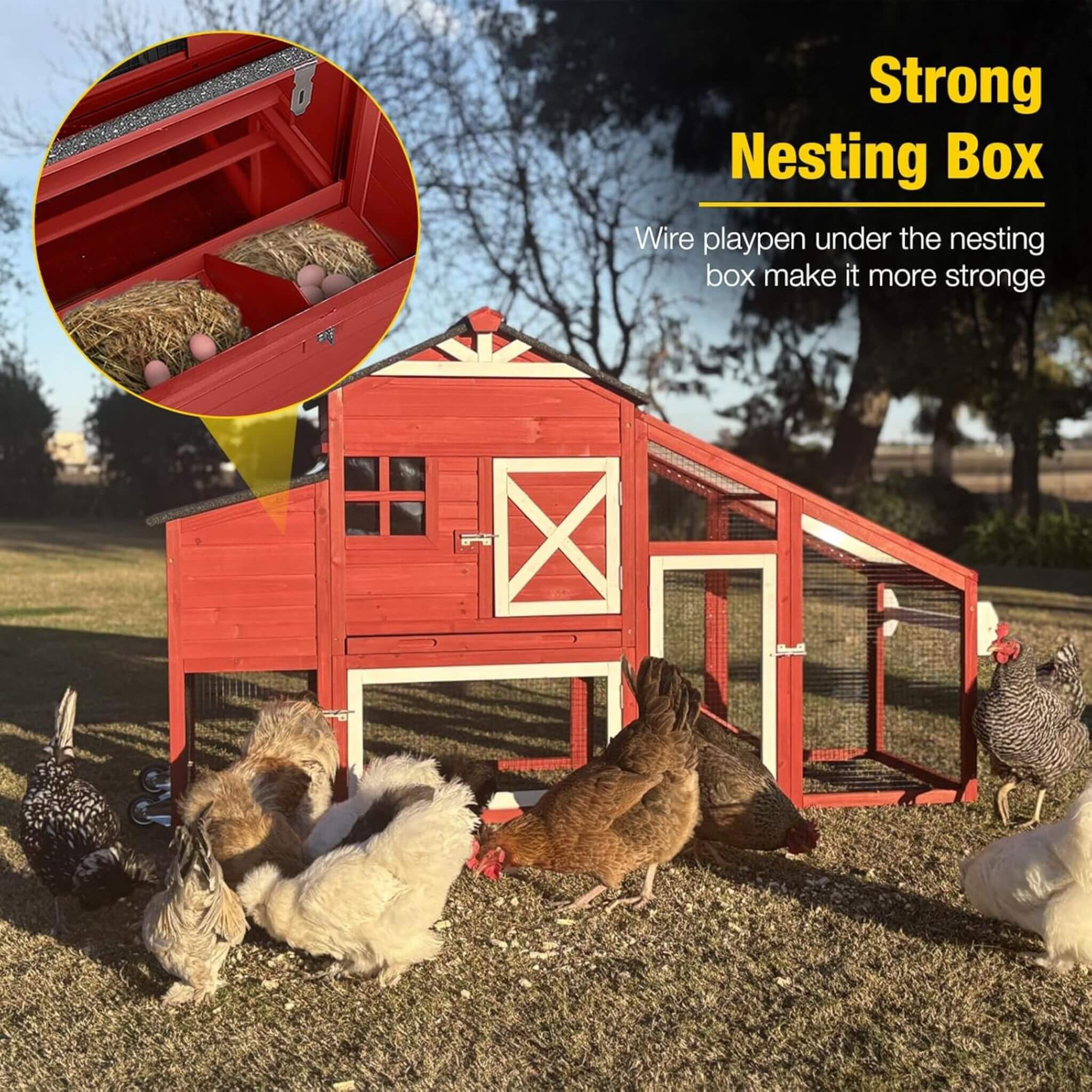 Large 73-Inch Portable Chicken Coop With Wheels And Nesting Box