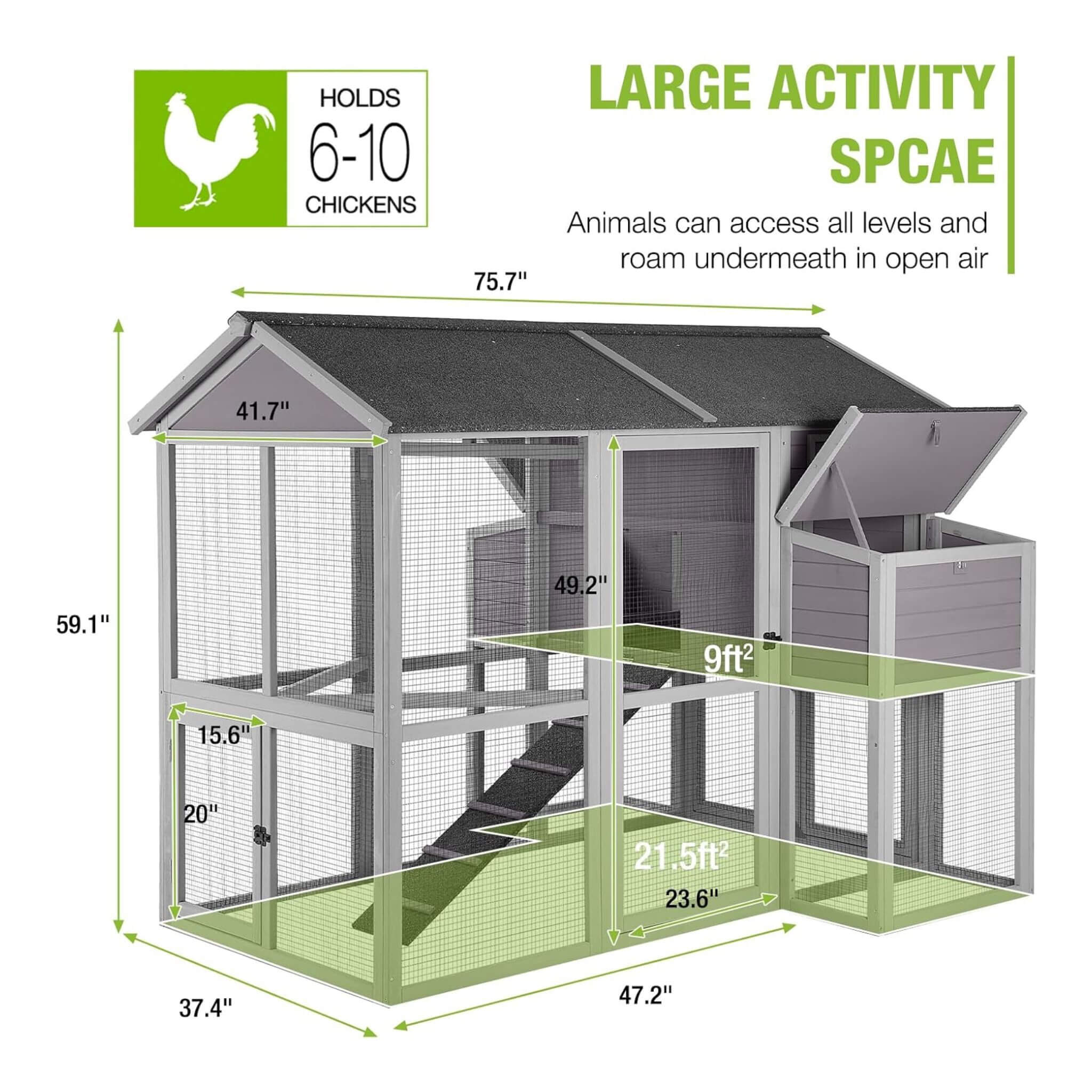 Large 76-Inch Outdoor Chicken Hen House With Sleeping Area And Run [6-10 Chickens]