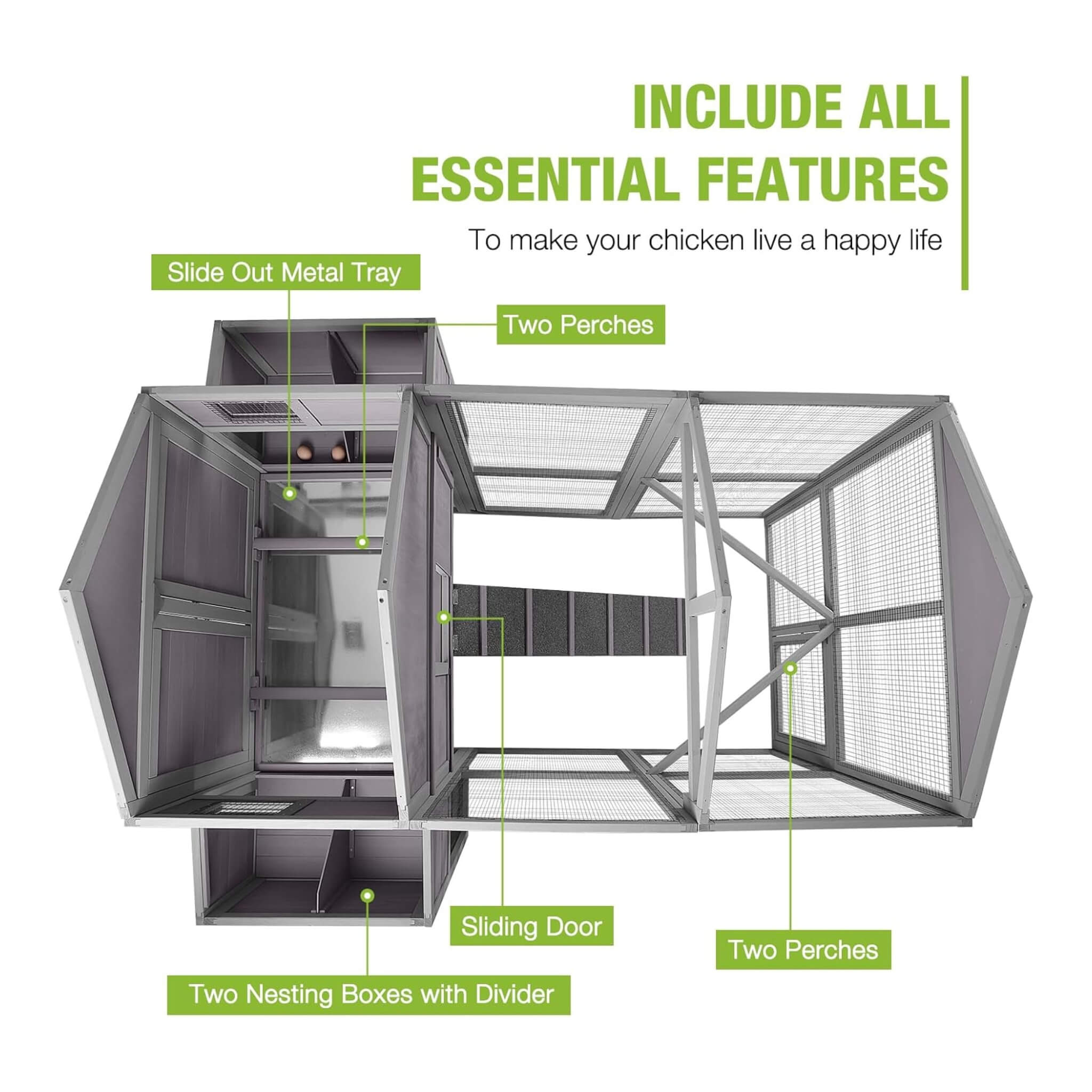 Large 76-Inch Outdoor Chicken Hen House With Sleeping Area And Run [6-10 Chickens]