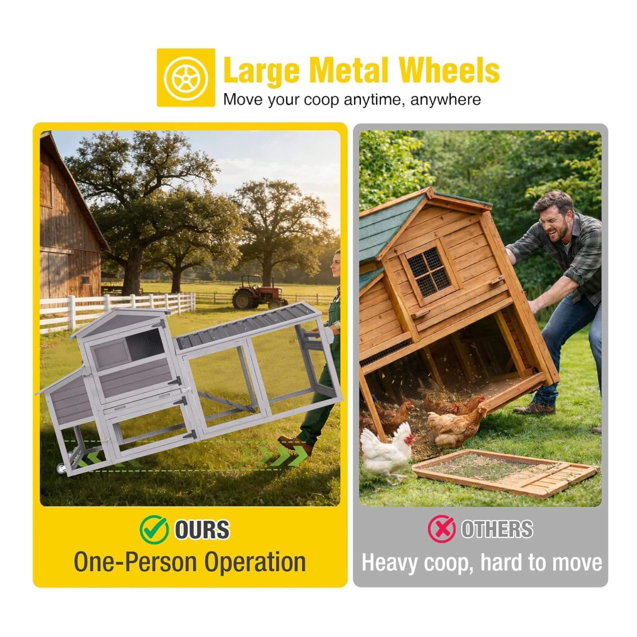 Large 83-Inch Mobile Chicken Coop With Wheels And Nesting Box [4-6 Chickens]