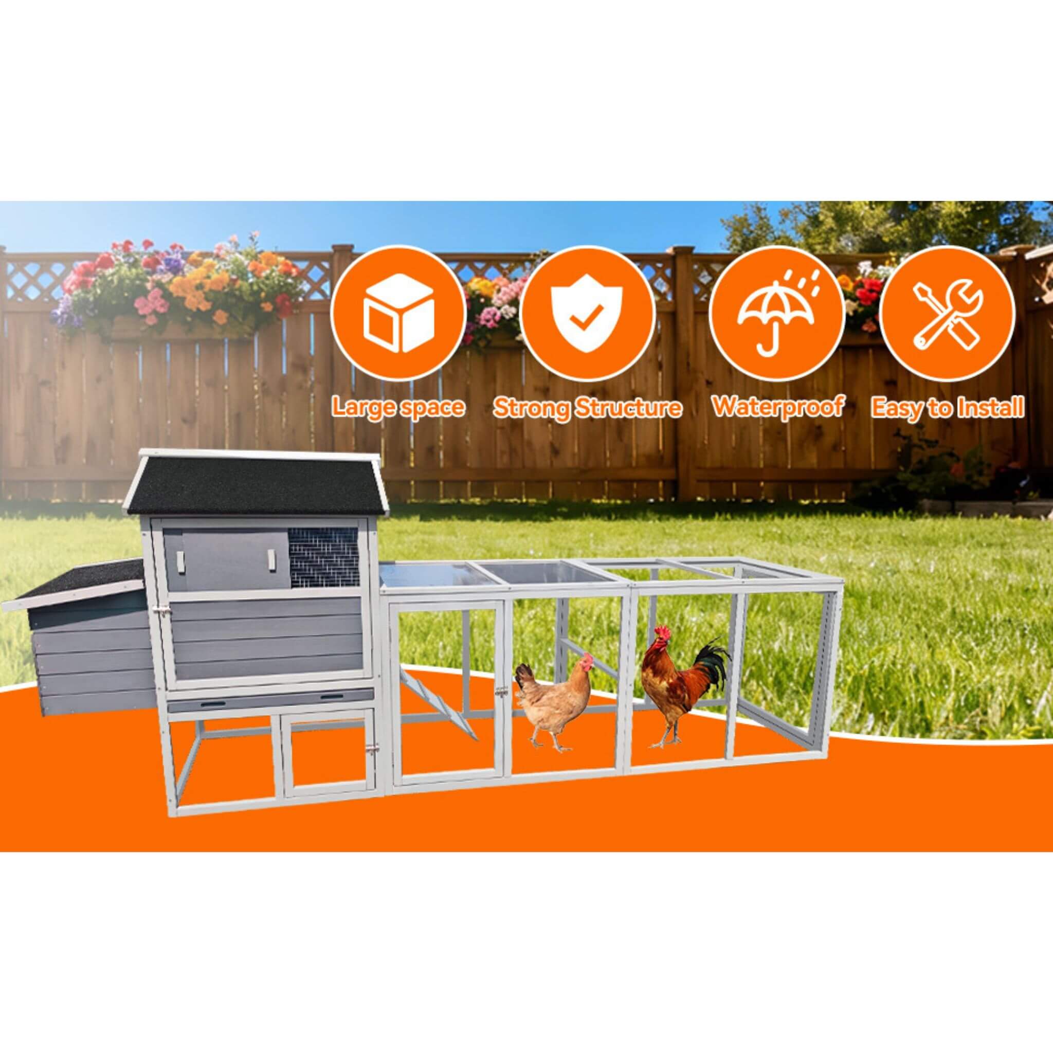 Large Heavy-Duty 113-Inch Outdoor Anti-UV Waterproof Wooden Chicken Coop Hen House