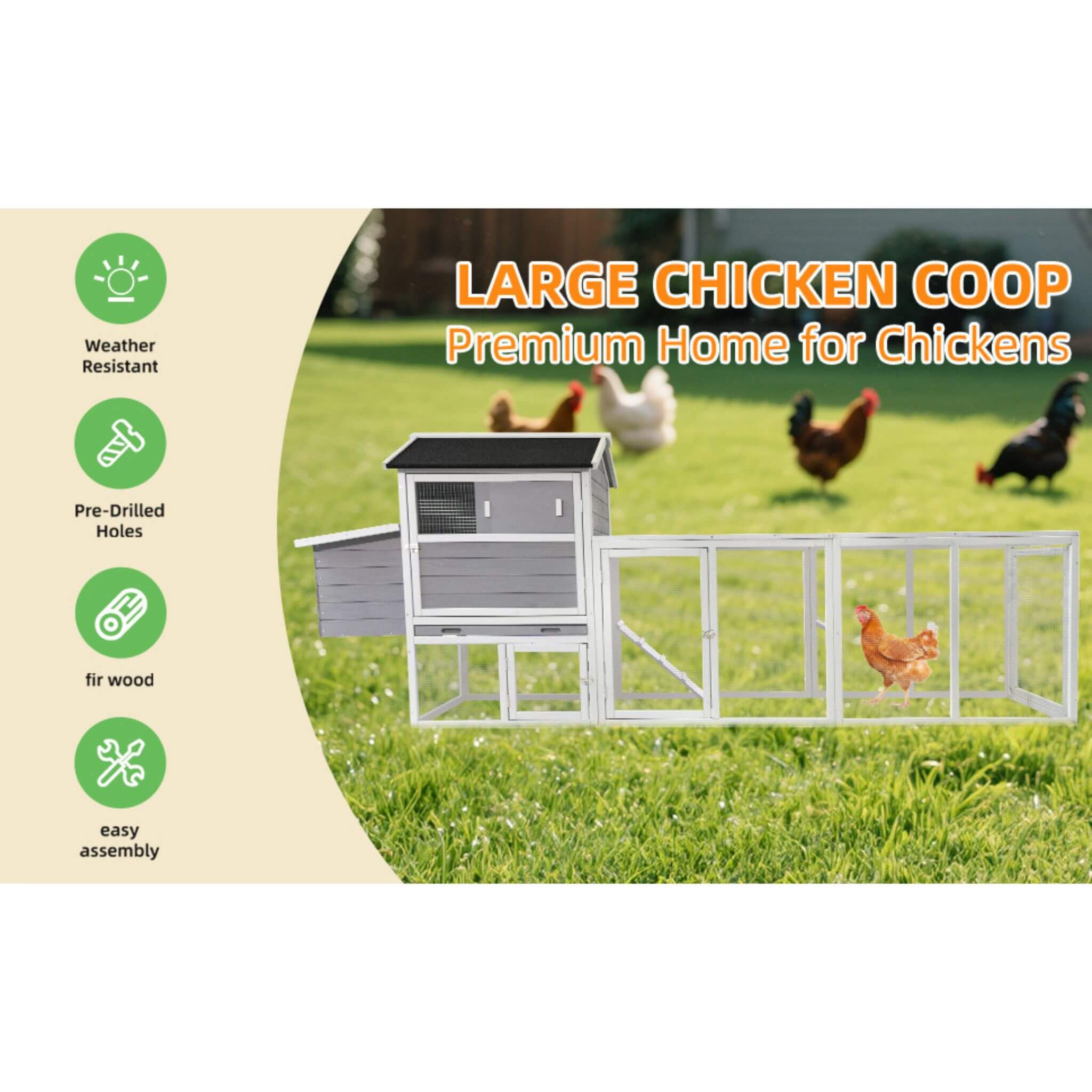 Large Heavy-Duty 113-Inch Outdoor Anti-UV Waterproof Wooden Chicken Coop Hen House