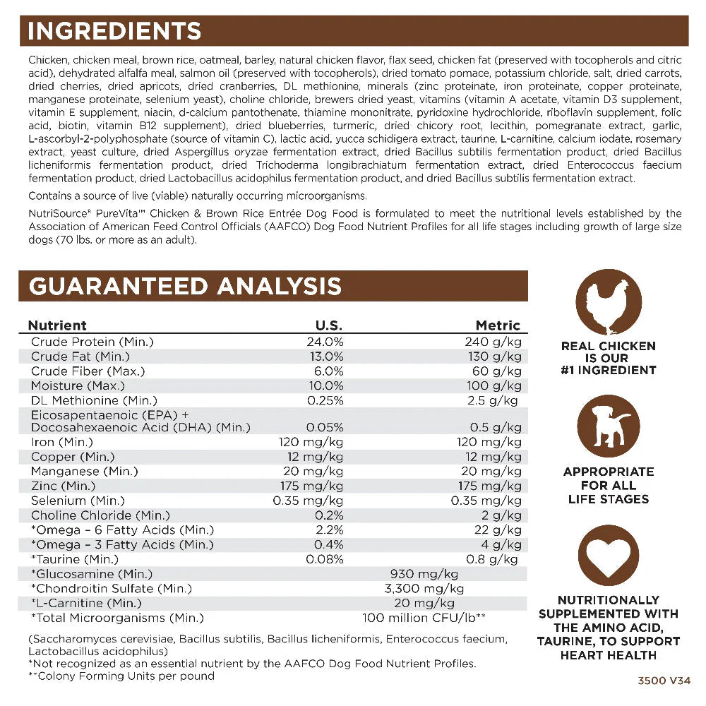 NutriSource PureVita Chicken and Rice Dry Dog Food 25lb